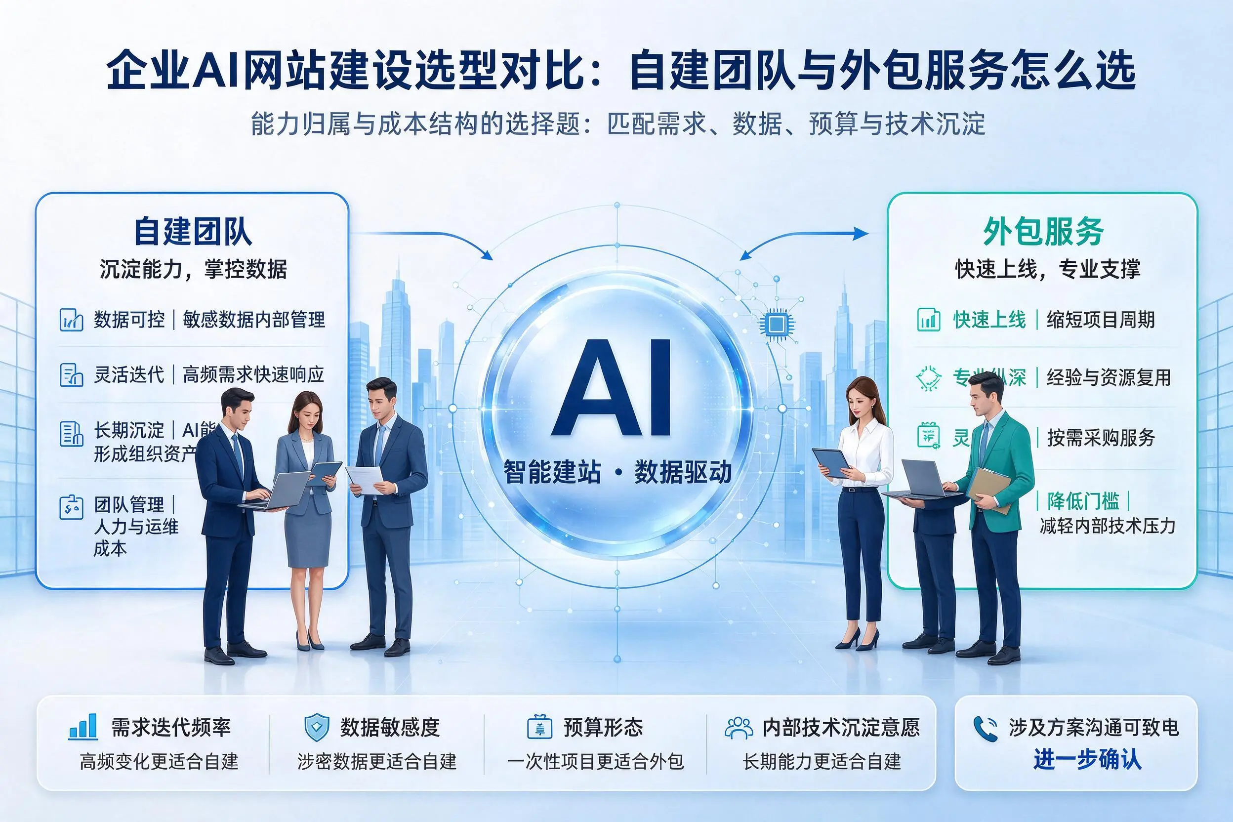 兴安企业AI网站建设选型对比：自建团队与外包服务怎么选